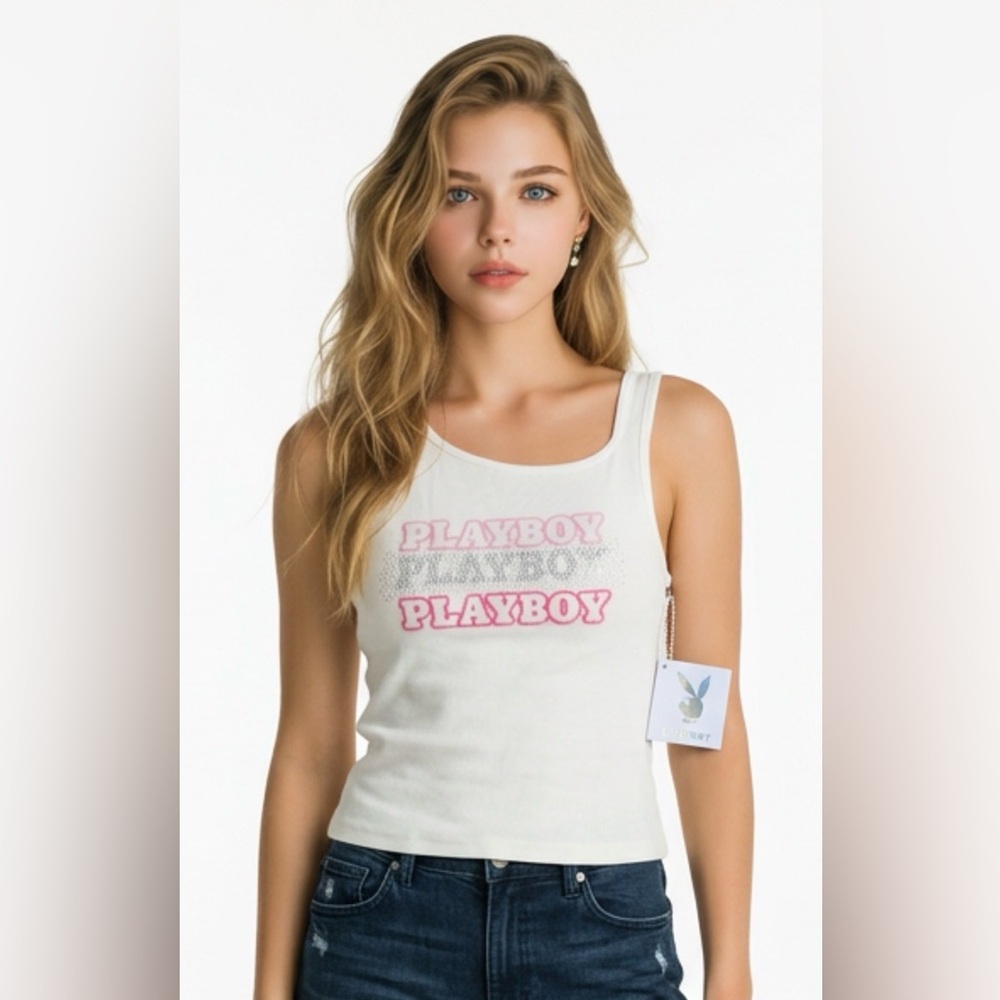 PLAYBOY White Tank Top with Pink and Silver Logo
